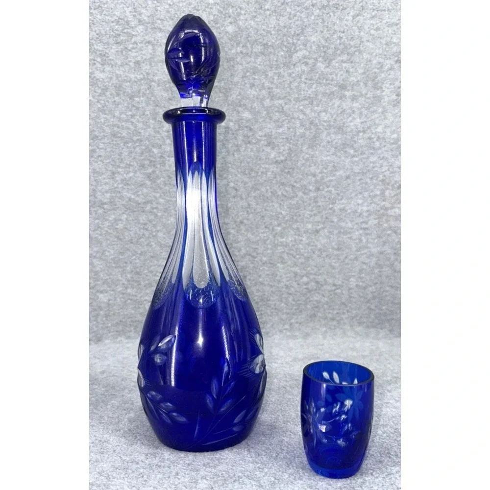 Vintage Bohemian Cobalt Blue Cut Glass Decanter w Stopper & Matching Cordial Gla
